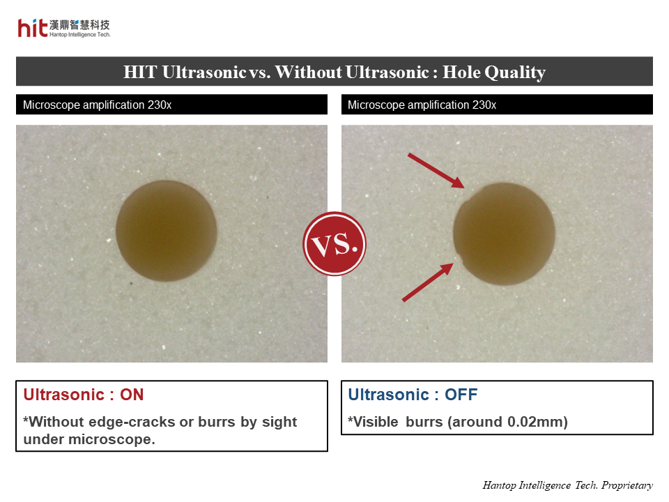 the comparison of hole quality between HIT Ultrasonic and Without Ultrasonic on micro-drilling of aluminum oxide ceramic